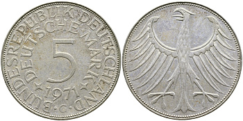 ФРГ 5 марок 1971 G, KM 112.1, J. 387 серебро 58-834