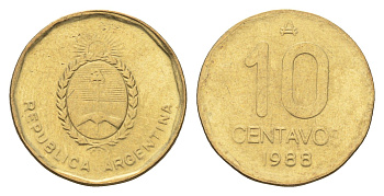Аргентина 10 сентаво 1988 KM 98 латунь 4664-211