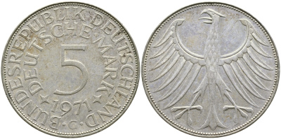 ФРГ 5 марок 1971 G, KM 112.1, J. 387 серебро 4680-134