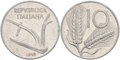Италия 10 лир 1955 R, плуг KM 93 алюминий    4595-147