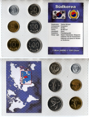 Южная Корея набор из 6 монет (1, 5, 10, 50, 100 и 500 вон) 1983, 1984, 2005 и 2007 в красочной упаковке с информацией о стране KM 27, 31, 32, 33, 34 и 35 UNC 3-4-1-38