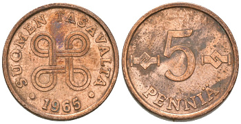Финляндия 5 пенни 1965 KM 45 медь 4174-811