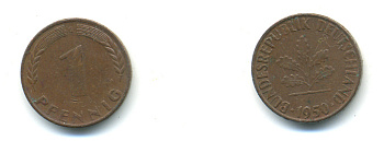 ФРГ 1 ПФЕННИГ 1950 G KM 105, J.380 сталь плакированная медью 83-126