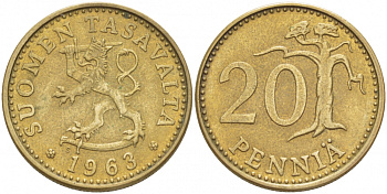 ФИНЛЯНДИЯ 20 ПЕННИ 1963 S ПЕРВЫЙ ГОД KM 47 алюминиевая бронза 3718-1157