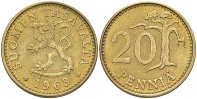 ФИНЛЯНДИЯ 20 ПЕННИ 1963 S ПЕРВЫЙ ГОД KM 47 алюминиевая бронза 3718-1157