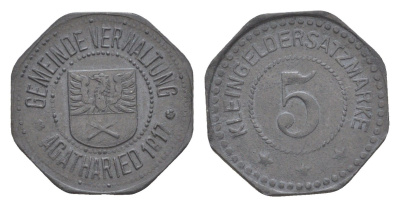 Агатарид 5 пфеннигов 1917 углы герба не касаются жемчужного ободка Funck 5.1a, Men05 167.1, Men18 256.1 цинк 4639-137