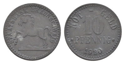 Брауншвейг 10 пфеннигов 1920 Funck 56.8, Men05 3477.2, Men18 4416.2 цинк 3459-453