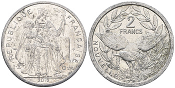 Французская Новая Каледония 2 франка 2012 птица кагу, (IEOM) KM 14, Schoen 11 алюминий    29-633