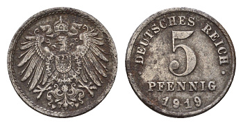 Германия 5 пфеннигов 1919 F KM 19, J. 397 железо плакированная цинком 177-1244