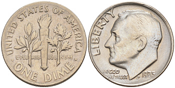 США 10 ЦЕНТОВ = 1 ДАЙМ 1975 РУЗВЕЛЬТ KM 195a медь плакированная медно-никелем 188-428