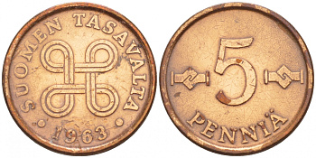 ФИНЛЯНДИЯ 5 ПЕННИ 1963 ПЕРВЫЙ ГОД KM 45 медь 4547-1029