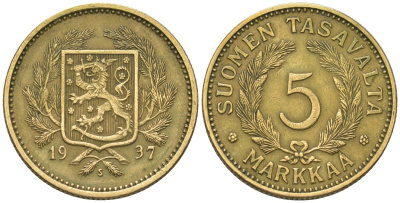 Финляндия 5 марок 1937 S KM 31 алюминиевая бронза 00-00
