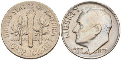 США 10 ЦЕНТОВ = 1 ДАЙМ 1975 РУЗВЕЛЬТ KM 195a медь плакированная медно-никелем 188-428