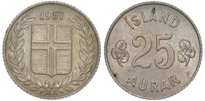 Исландия 25 эйре 1957 KM 11 медно-никель 4596-1259