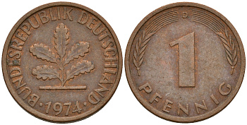 ФРГ 1 пфенниг 1974 D KM 105, J. 380 сталь плакированная медью    4598-542