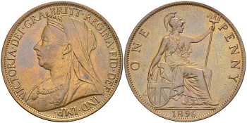 Великобритания 1 пенни 1896 Виктория (1837-1901) KM 790, Spink 3961 бронза aUNC 441-1142