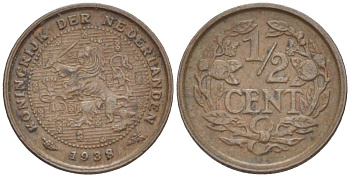 НИДЕРЛАНДЫ 1/2 ЦЕНТА 1938 ВИЛЬГЕЛЬМИНА I (1891-1948) KM 138 бронза 4547-1252