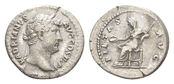 Римская Империя денарий 130 Адриан, HADRIANVS AVG COS III P P, голова императора/PIETAS AVG, Пиетата, персонификация Благочестия, Рим RIC 1412 серебро 1073-1-83