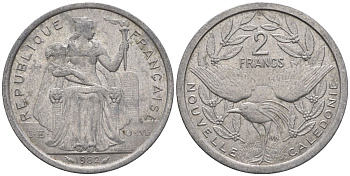 Французская Новая Каледония 2 франка 1982 птица кагу, (IEOM) KM 14, Schoen 11, Lec 62 алюминий    27-457