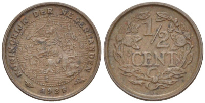 НИДЕРЛАНДЫ 1/2 ЦЕНТА 1938 ВИЛЬГЕЛЬМИНА I (1891-1948) KM 138 бронза 4547-1252