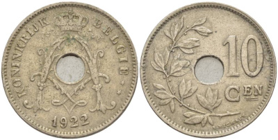 БЕЛЬГИЯ 10 САНТИМОВ 1922 BELGIE KM 86 медно-никель 4544-1216