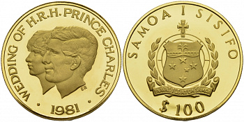 Самоа 100 тала 1981 свадьба леди Дианы и принца Чарльза KM 45 золото PROOF 00-805-09