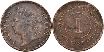 Стрейтс-Сетлментс 1 цент 1874 Виктория (1837-1901), Ост-Индская компания KM 9 медь 4590-331