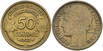 Франция 50 сантимов 1932 KM 894.1, Le Franc 192.15 алюминиевая бронза 4596-746