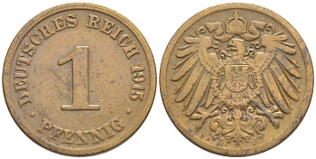 ГЕРМАНИЯ 1 ПФЕННИГ 1915 J KM 10, Jager. 10, Weege 2 медь 4528-666