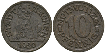 Ахен (Пруссия, Рейн) 10 пфеннингов 1920 Funck 1.1 (v), Men05 70.1, Men18 99.1 картон 4525-513