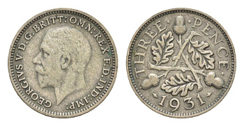 Великобритания 3 пенса 1931 Георг V (1910-1936) KM 831, Spink 4042 серебро 28-325
