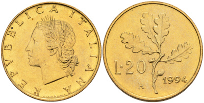 Италия 20 лир 1994 R, дубовый лист KM 97.2 алюминиевая бронза  UNC  4594-861