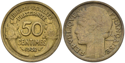 Франция 50 сантимов 1932 KM 894.1, Le Franc 192.15 алюминиевая бронза 4596-746
