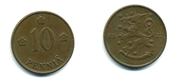 Финляндия 10 пенни 1922 республика (1918-1962) KM 24 медь 46-446