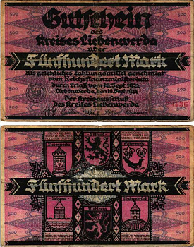 БАД-ЛИБЕНВЕРДА 500 МАРОК 1922 НОТГЕЛЬД, 16 СЕНТЯБРЯ 1922, ЗЕМЛЯ БРАНДЕНБУРГ, НОМЕР 4,5 ММ. Muller 2720.2a бумага 6318-37-2-1
