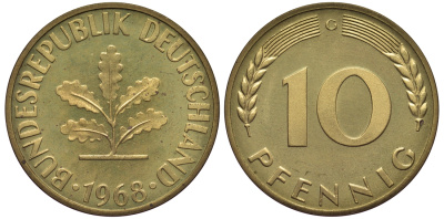 ФРГ 10 пфеннигов 1968 G J 383, KM 108 сталь плакированная латунью  PROOF  1099-4-24
