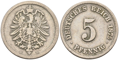 Германия 5 пфеннигов 1875 G KM 3, J.3 медно-никель 4594-852