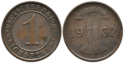 ГЕРМАНИЯ 1 РЕЙХСПФЕННИГ 1932 A KM 37, J. 313 бронза 39-1056