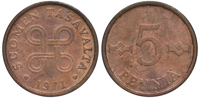 ФИНЛЯНДИЯ 5 ПЕННИ 1971 KM 45 медь 3334-1054