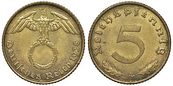 Германия 5 рейхспфеннигов 1938 A KM 91, J. 363 алюминиевая бронза 4121-655