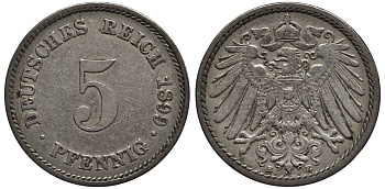 ГЕРМАНИЯ 5 ПФЕННИГОВ 1899 E KM 11, Jager 12, Weege 6 медно-никель 4547-365