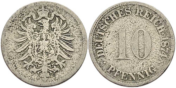 ГЕРМАНИЯ 10 ПФЕННИГОВ 1874 D, СТАРОГЕРБОВКА KM 4, J. 4 медно-никель 4401-235