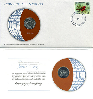 СЕЙШЕЛЬСКИЕ ОСТРОВА 50 ЦЕНТОВ 1977 КОНВЕРТ С МАРКОЙ ПЕРВОГО ДНЯ ГАШЕНИЯ, COINS OF NATIONS KM 34 медно-никель UNC 4294-18-1