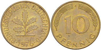 ФРГ 10 пфеннигов 1976 F KM 108, J. 383 сталь плакированная латунью 58-256