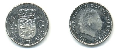 Нидерланды 2 1/2 гульдена 1980 Юлиана (1948-1980) KM 191 никель 83-641