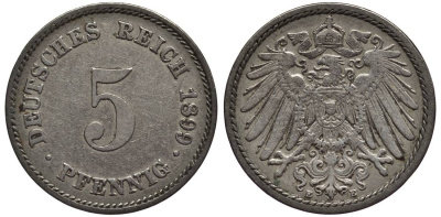 ГЕРМАНИЯ 5 ПФЕННИГОВ 1899 E KM 11, Jager 12, Weege 6 медно-никель 4547-365