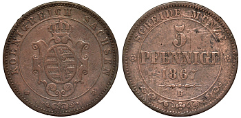 САКСОНИЯ 5 ПФЕННИГОВ 1867 В KM 1218 медь 75-742