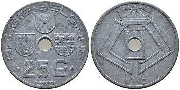 БЕЛЬГИЯ 25 САНТИМОВ 1945 НЕМЕЦКАЯ ОККУПАЦИЯ BELGIE BELGIQUE KM 132 цинк 86-1656