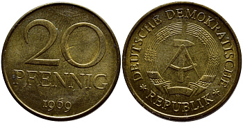 ГДР 20 пфеннигов 1969 А, первый год KM 11 латунь UNC 4398-723