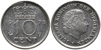 Нидерланды 10 центов 1978 Юлиана (1948-1980) КМ 182 никель 4609-457